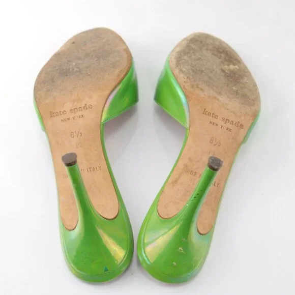 Kate Spade Womens Sandal Size 8.5 Shimmer Green Patent Slide Mule Heel Italy - Picture 11 of 12